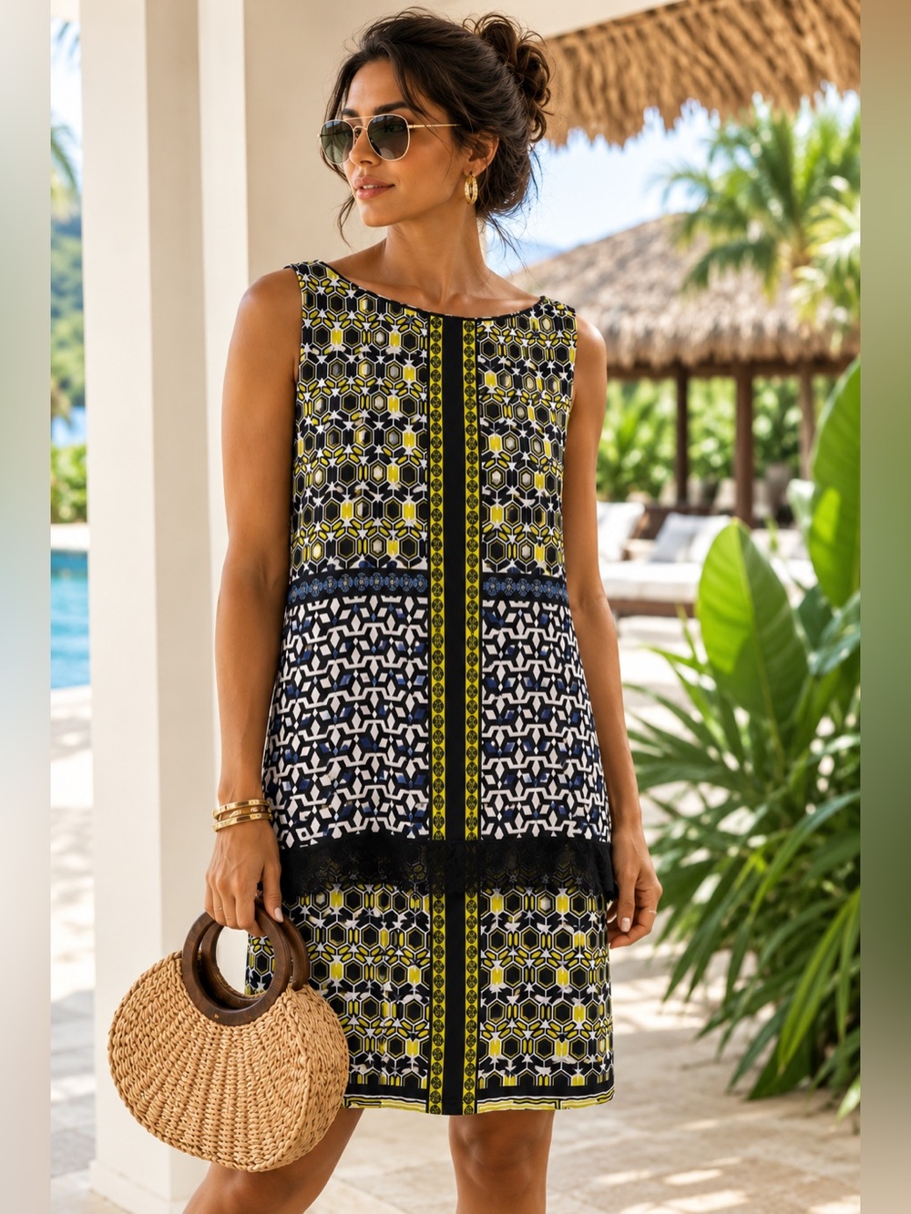 Analili Sleeveless Printed Shift Dress in Yellow & Navy